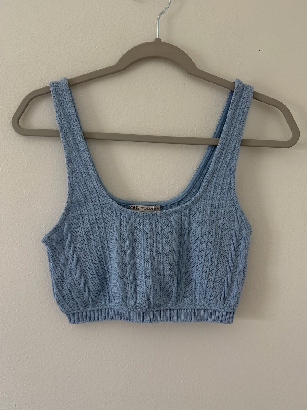 NWT Zara Braided Cable Knit Baby Blue Cropped Tank size medium
